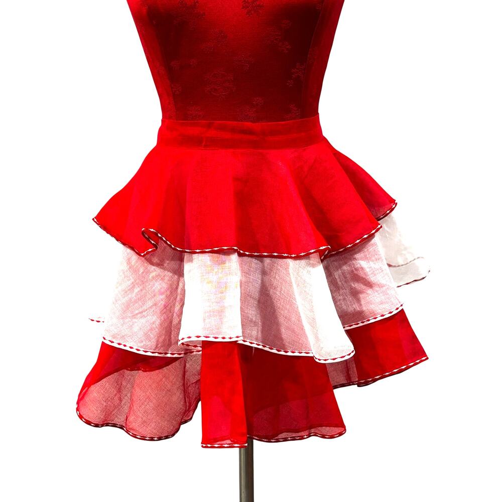 Vintage half apron sheer red & white ruffled tulle tiers Valentine Christmas